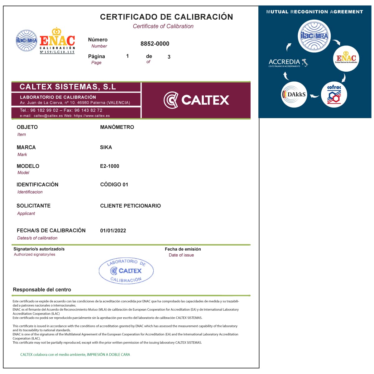 Manómetro Certificado SIKA E2 (Rango: 0 a 1000 bar) - Manómetro Calibrado ENAC - Incluye Certificado de Calibración Acreditado