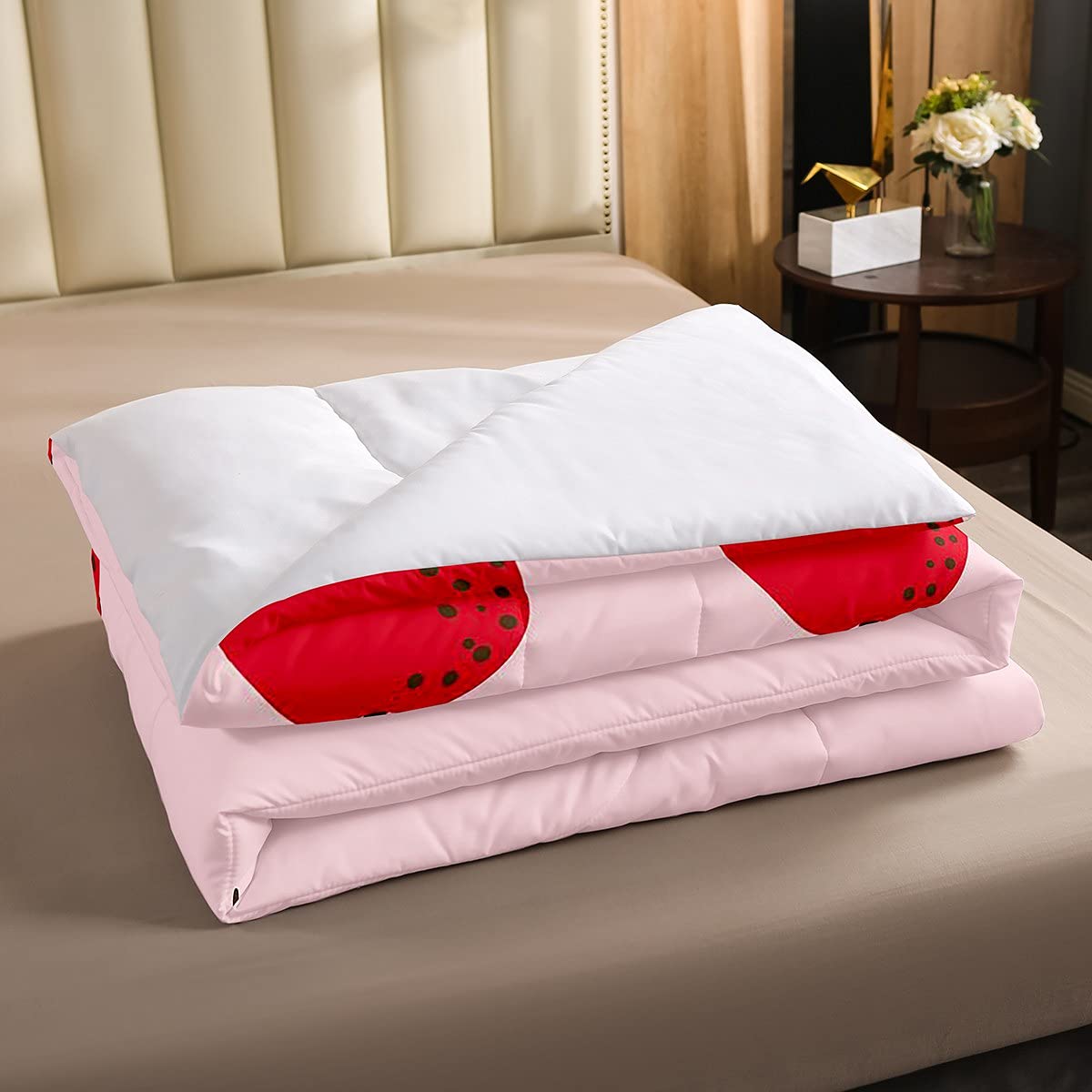Juego de ropa de cama de manzana con relleno de frutas tropicales rojas, para niños y niñas, acuarela, color rosa manzana, edredón geométrico de plumón, 2 piezas, tamaño individual