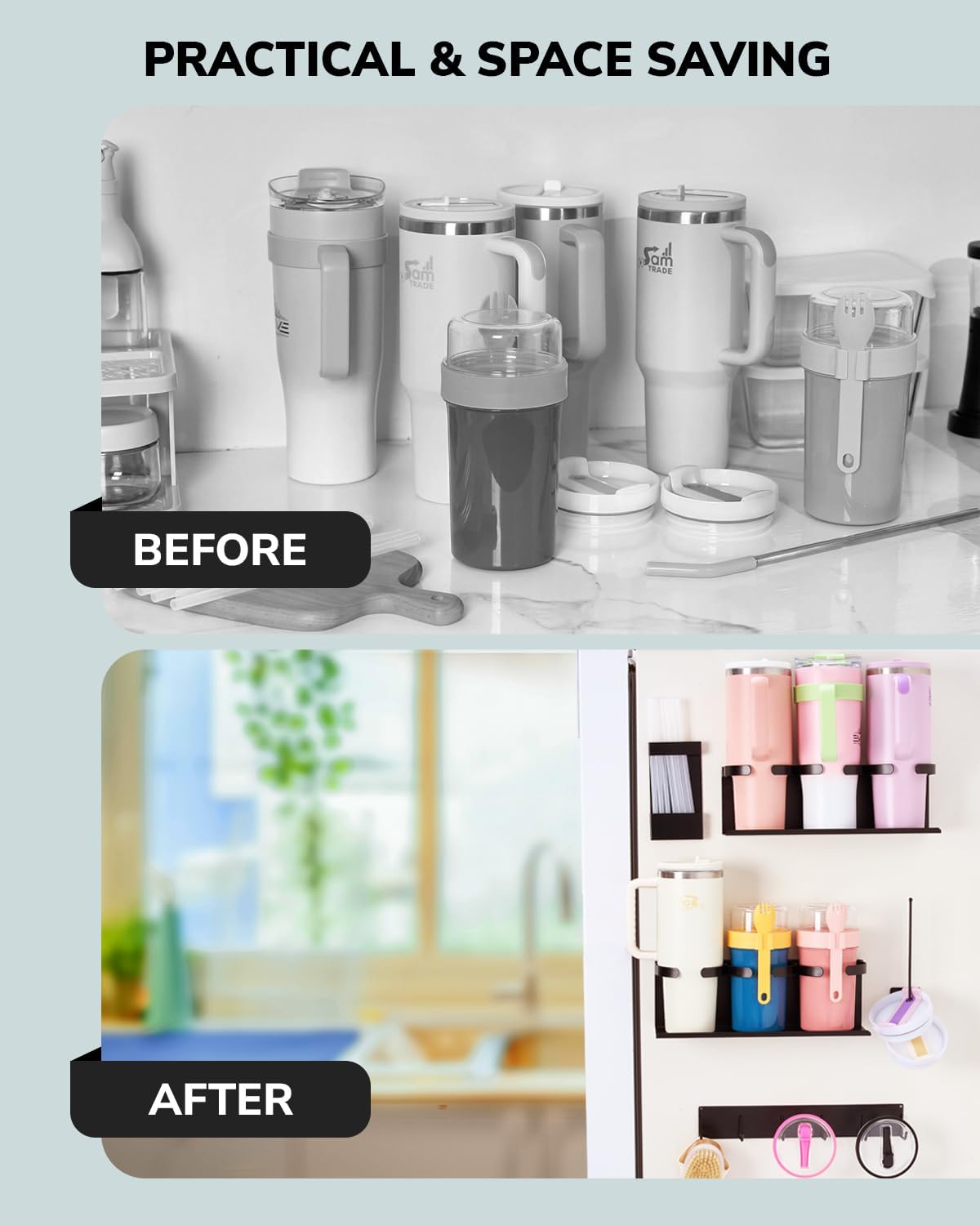 HAMARA Fiber-Steel Magnetic Stanley Cup Holder for Fridge – 5-Piece Tumbler & Lid Organizer Set with Straw Rack & Hook Rail, Water Bottle Storage, Stanley Cup Accessories for Kitchen & Pantry - Image 6