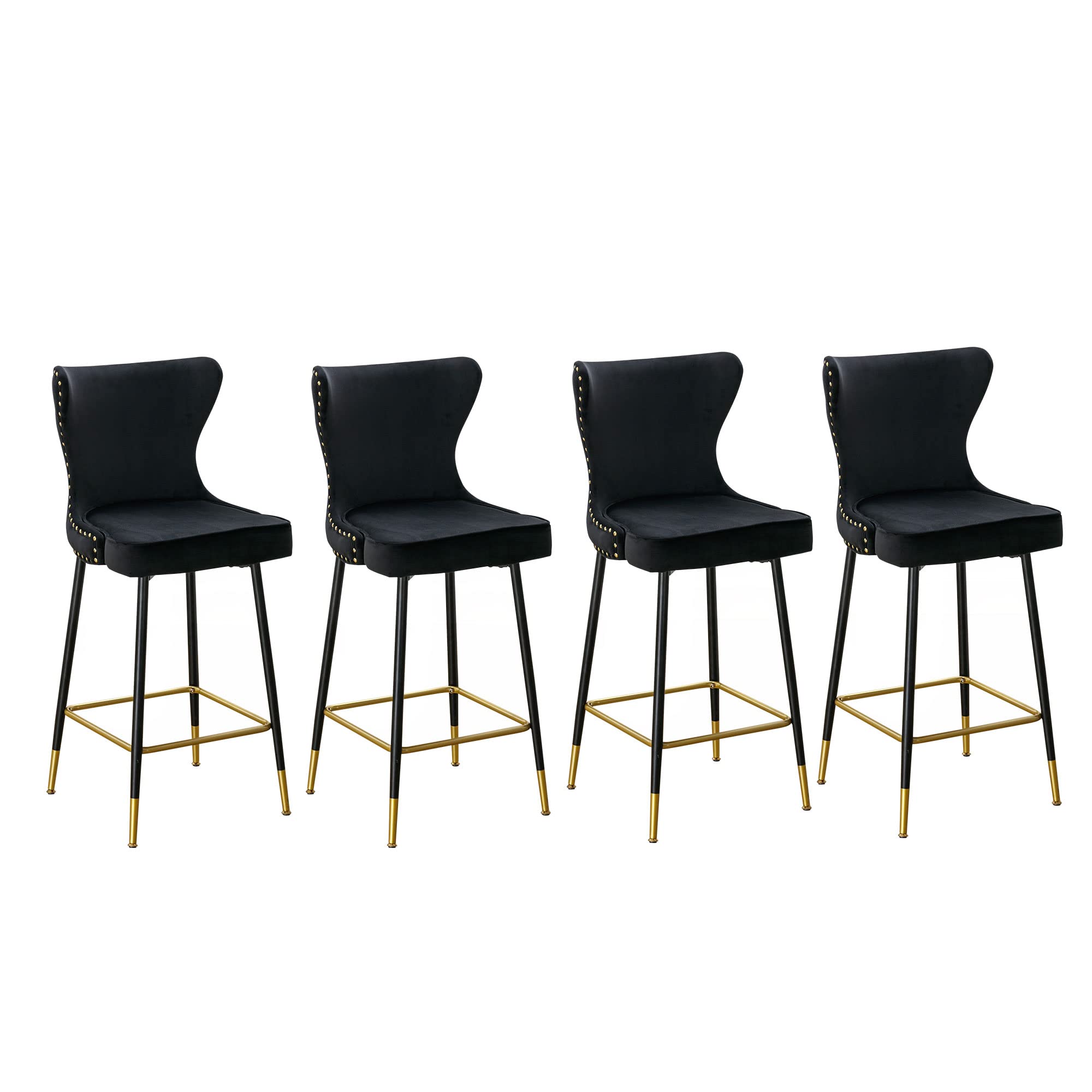 ORRD Modern Bar Stools Set of 4, Velvet Button Tufted Upholstered Counter Height Chair with Back Round Ring and Metal Legs for Home Bar Kitchen Breakfast Island (Black)