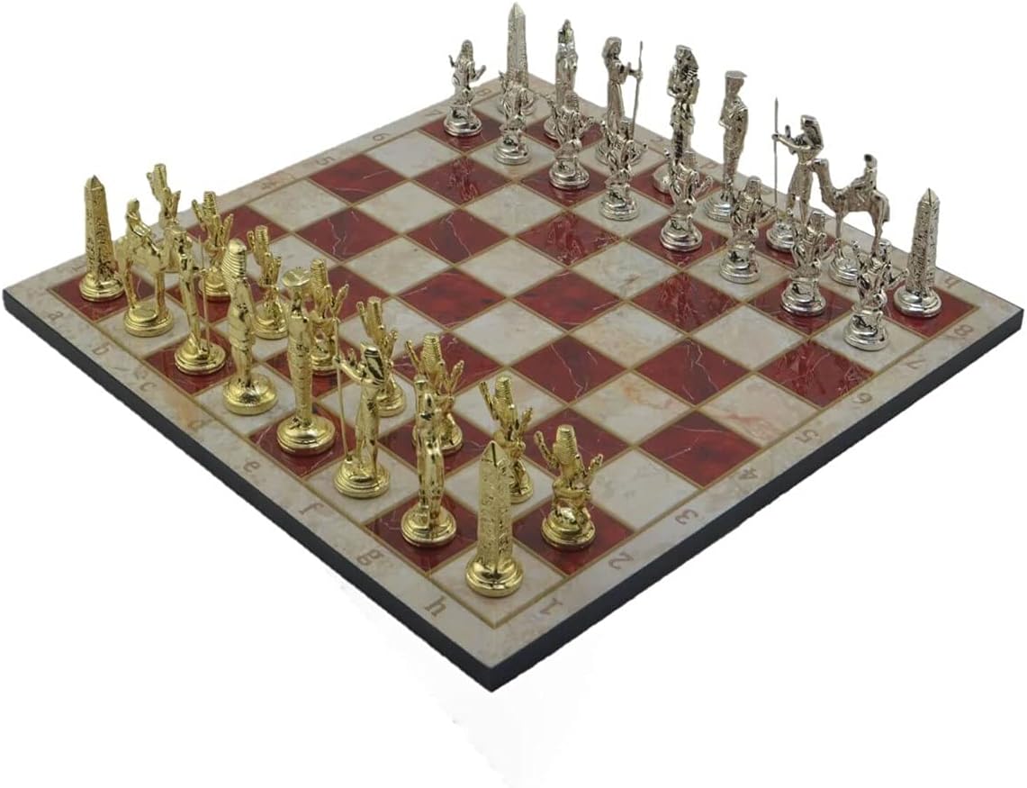 Metal Chess Set for Adults Ancient Egypt Pharaoh Figures,Handmade Pieces and Different Design Patterned Wooden Chess Board King 3.4 inc (Red Marble)