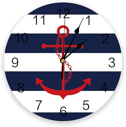 YESOF66 - Reloj de pared redondo de PVC de 10.0in, silencioso, con pilas sin marcar, color rojo, azul marino y blanco con rayas horizontales para el