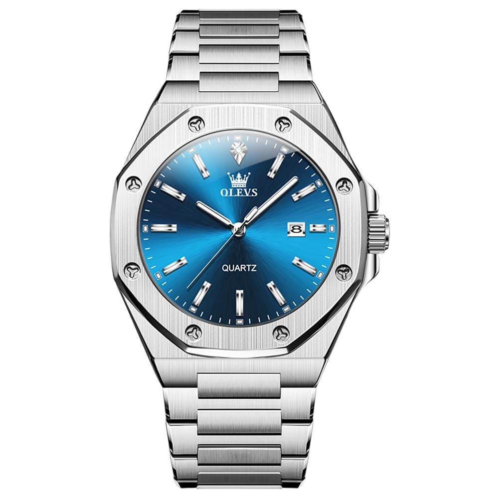 OLEVS Watches for Men Luxury Waterproof Analog Quartz Stainless Steel Dress Big Face Dial with Roman Numerals Chronograph Diamond Business Casual Luminous Day Date Mens Watch(Gold/Silver/Black/Blue)