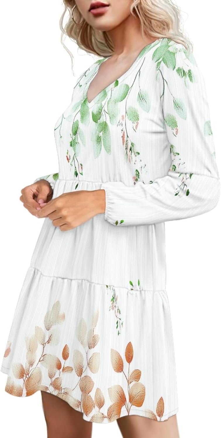 Women 2025 Floral Print Puff Long Sleeve V Neck Smocked Midi Casual Dress Empire Waist Tiered Swing Flowy Dress - Image 2