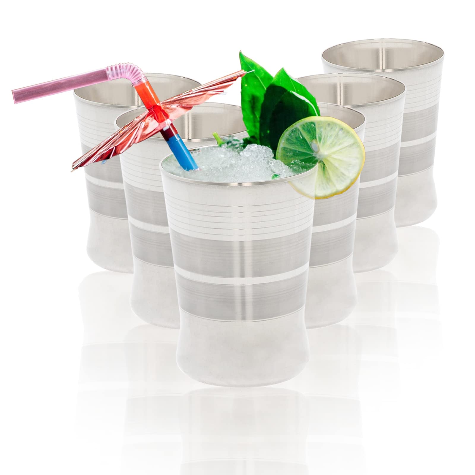 Stainless Steel Cups Drinking Glasses Set of 6 Metal Reusable Tumbler Unbreakable Shatterproof Cocktail Wine Beer Water Juice Iced Coffee Party Travel Camping Outdoor (Striped Icon - 340ml)
