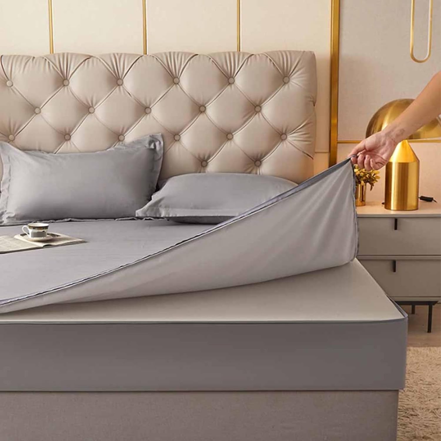 Szary wodoodporny ochraniacz na materac z zamkiem błyskawicznym 150x200 + 10cm Odporna na pył Okulara oddychająca pokrywa łóżka do łagodzenia alergii i w Protect Quiet Sp Solut
