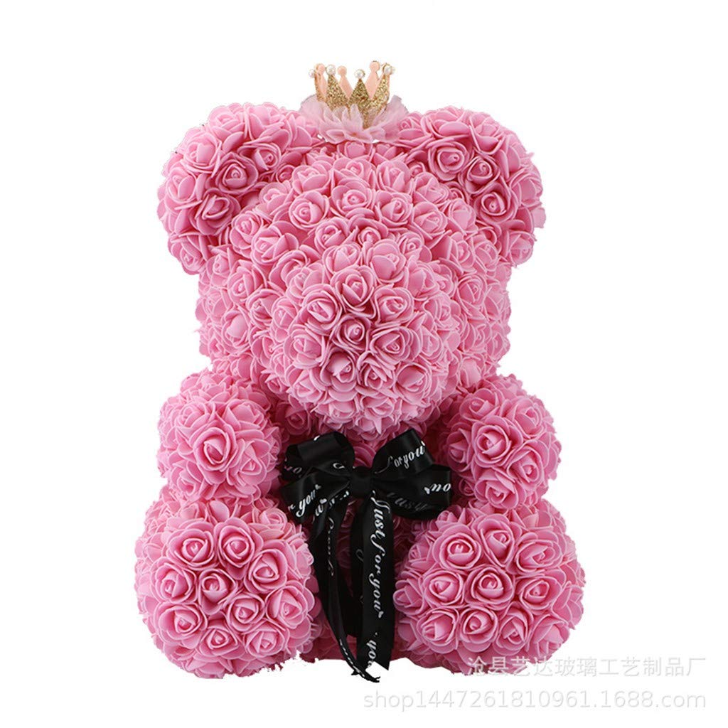 Outdoor Artificial Flower Forever foam roses bear Hug bear Eternal flower,Valentines Day Gifts for Her Girlfriend,Anniversary, Wedding, Birthday, Christmas,Crown Pink