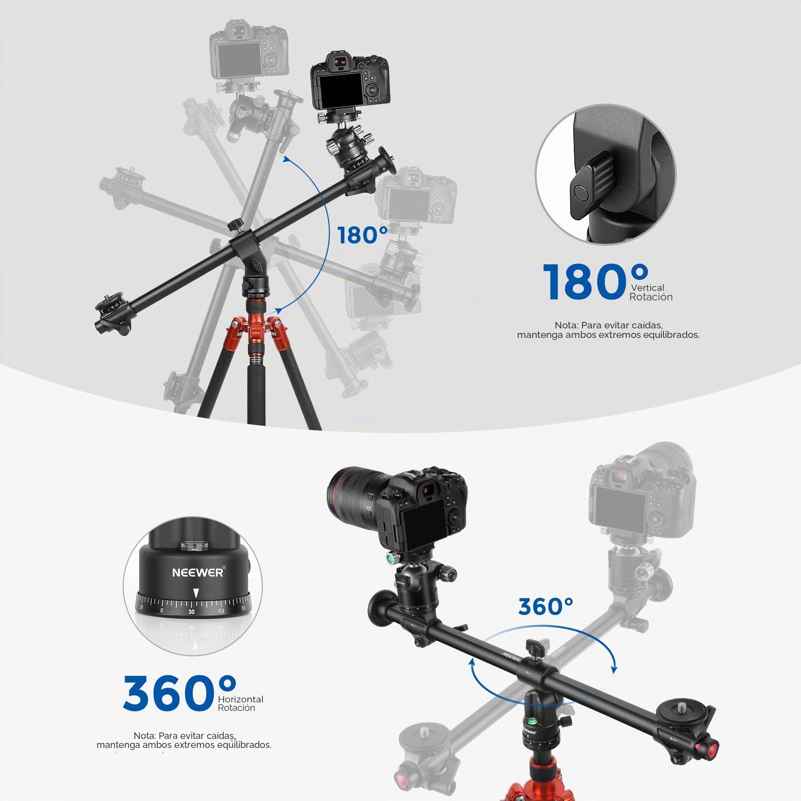 NEEWER 76cm Eje Central de Trípode Horizontal con Tornillo de 3/8", Aleación de Aluminio Giratorio de 360​​​​° 180° Brazo de Extensión del Trípode Ajustable, para la Fotografía Macro(Carga hasta 10kg)