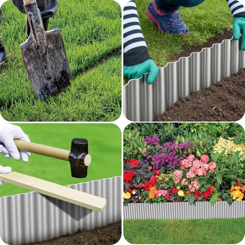 Bonviee 6” x 20’ Metal Landscape Edging Border Kit, Corrugated Garden Edging for Flower Bed, Lawn, Walkways, No Dig Paver Edging for Landscaping, Durable Garden Border Edging (Silver, 6In x 20Ft)
