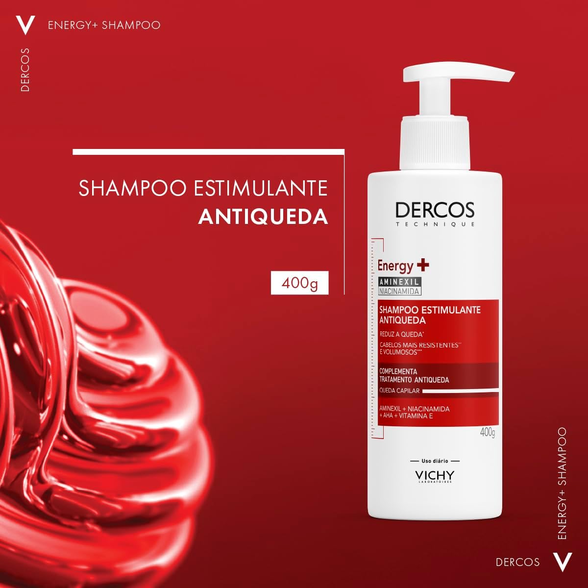 Vichy Dercos Energy+, Shampoo Estimulante, Tratamento Antiqueda para Cabelos Fracos e Quebradiços, Fortalece os Fios com Aminexil, Niacinamida e Vitamina E, 400g Vichy Dercos Energy+, Shampoo Estimulante, Tratamento Antiqueda para Cabelos Fracos e Quebradiços, Fortalece os Fios com Aminexil, Niacinamida e Vitamina E, 400g
