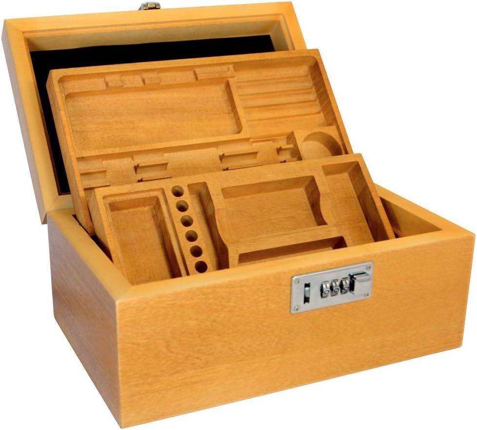 420 Stash Box for MMJ or Tobacco, Wood, Two Removable Trays, 3-Digit Combo Lock, Built-in Silicone Dab Mat