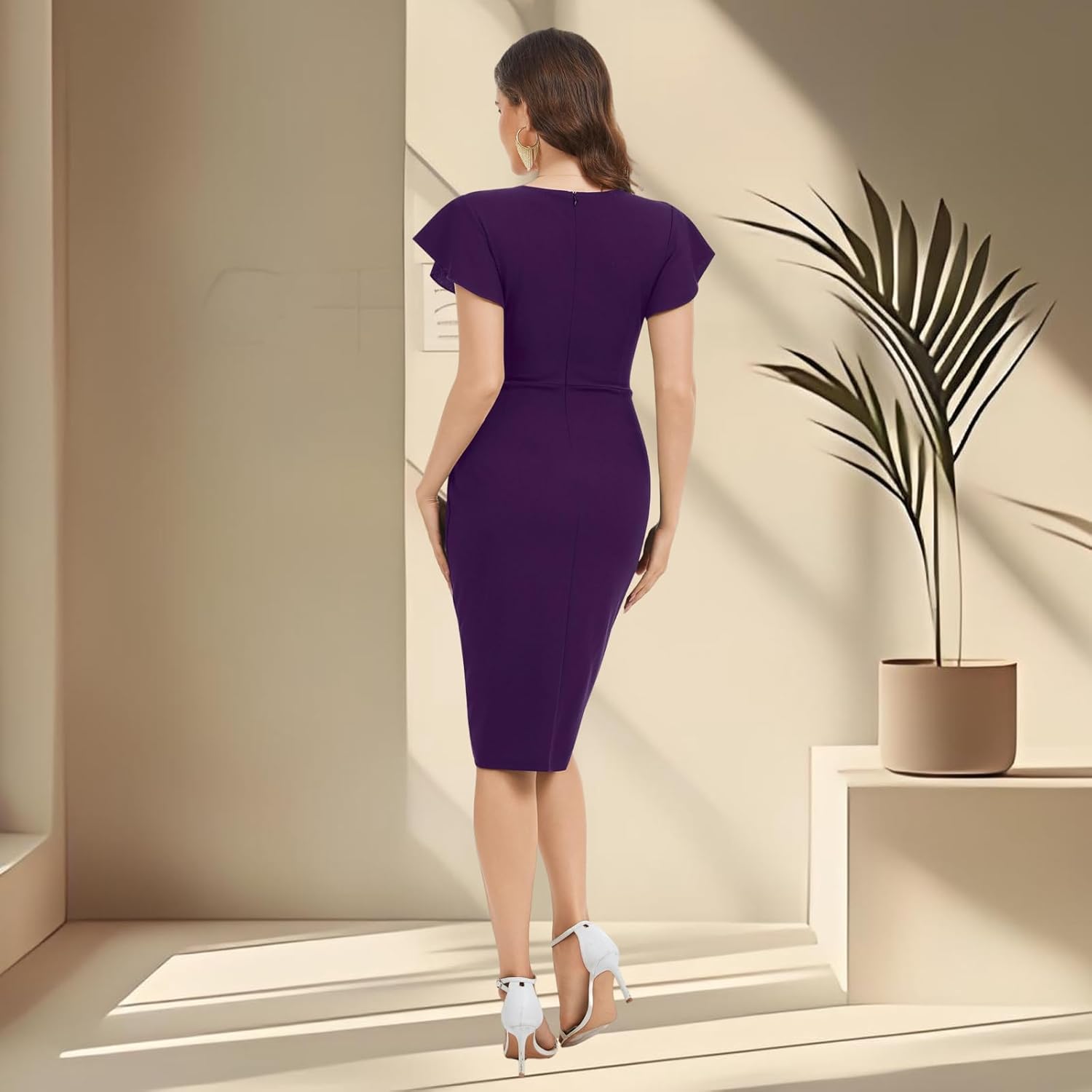 Women's V Neck Ruched Bodycon Cocktail Wedding Club Party Dress with Puff Short Sleeves - Image 8