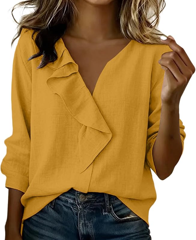 Beessbest Cotton Linen Shirts for Women Trendy Ruffled V Neck Tops 3/4 Sleeve Boho Blouse Dressy Casual Top Loose Fit Tunics