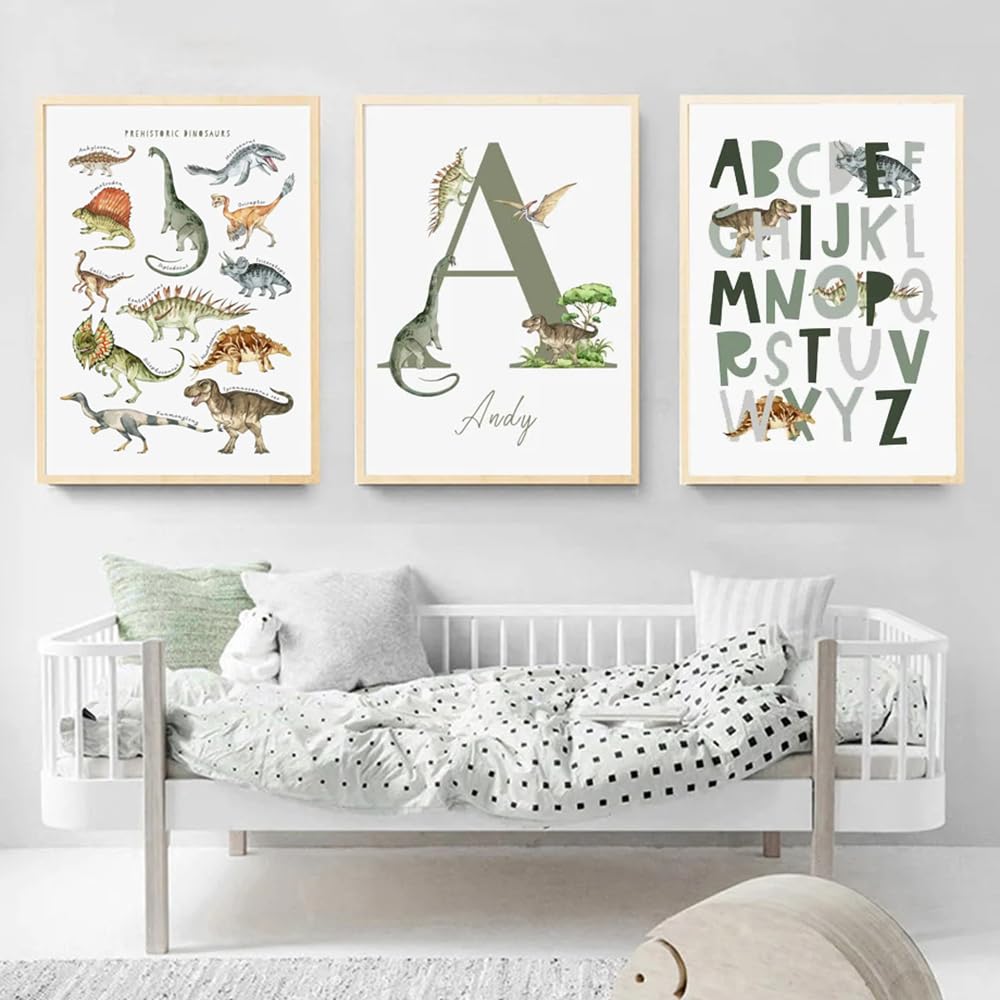 Youihom 3 Quadretti Personalizzati Bimba Stampa Nome Bambino 30 x 40 cm Quadretti Cameretta Ragazzi Quadri Dinosauri Cameretta Poster Alfabeto Bambini Verde Stampe Tela Senza Cornice