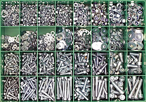 Großes Schrauben-Sortiment DIN 912 Zylinderkopf M4/M5/M6/M8 Stahl verzinkt 8.8 (DIN912+934+985+125+9021) 1751-tlg (Standard-Box)