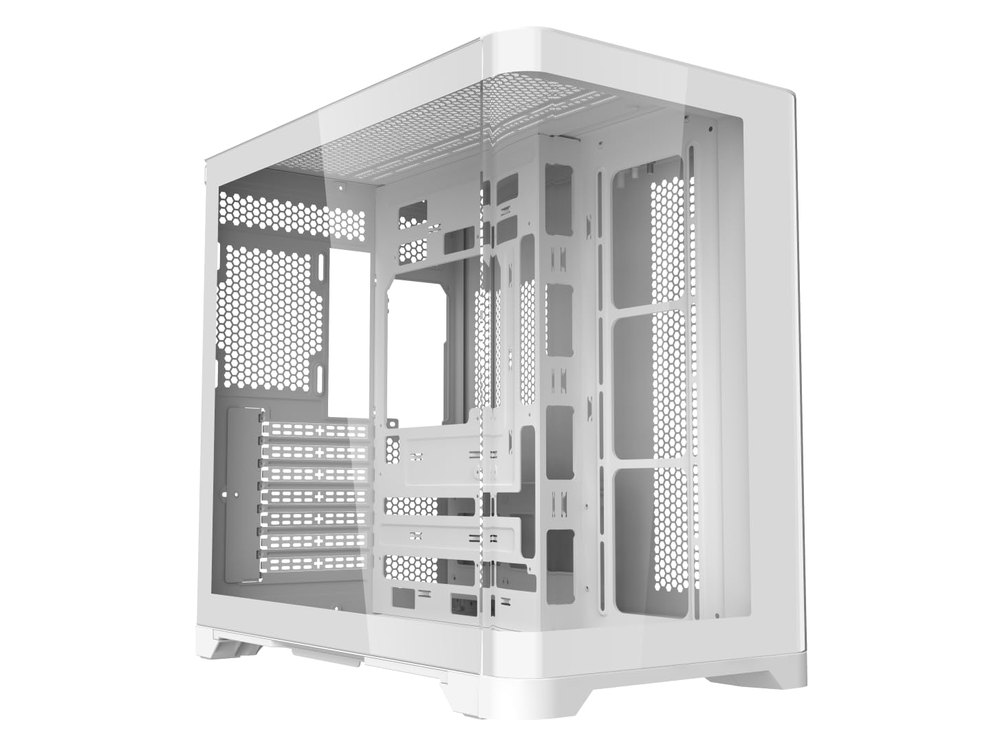 iONZ Estuche para juegos de PC ATX Mid Tower - Serie dinámica de doble cámara con 4 ventiladores ARGB PWM | Vidrio templado curvado | Flujo - Blanco