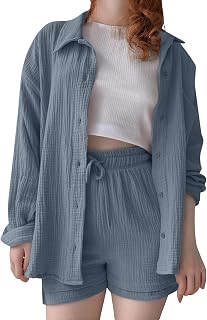 Summer Two-Piece Girls' Children's Summer Muslin Blouse Shirt and Shorts Two Piece Set Cotton Beach Outfit Set Oversize Leisure Suit Long Sleeve Leisure Suit Y2K Clothes 13-14 years 02 Marine