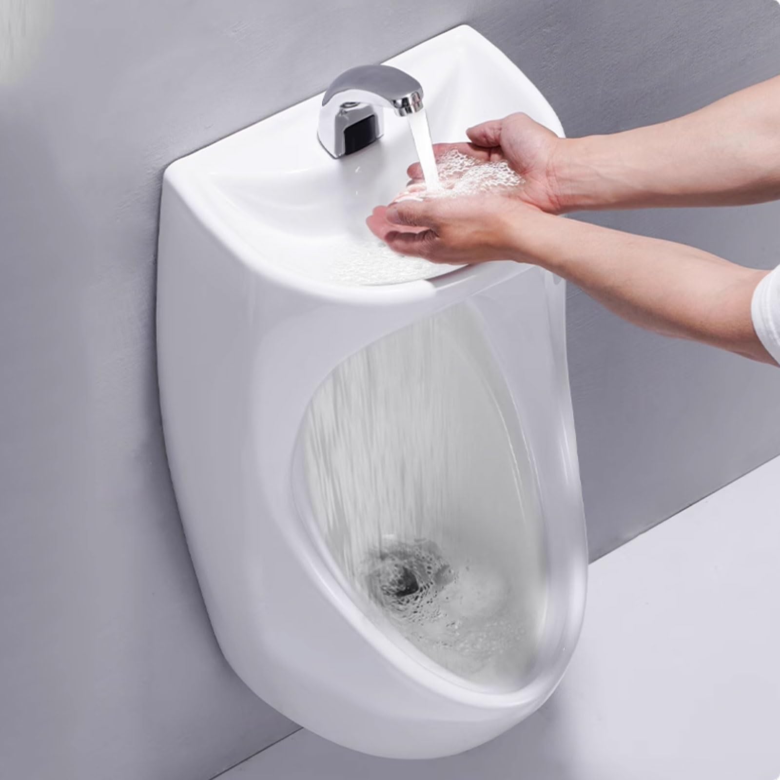 Urinario de cerámica de pared, canaleta de alta eficiencia con lavabo y grifo con sensor, urinarios for hombres a prueba de derrames.(Noir,Wall Drainage)
