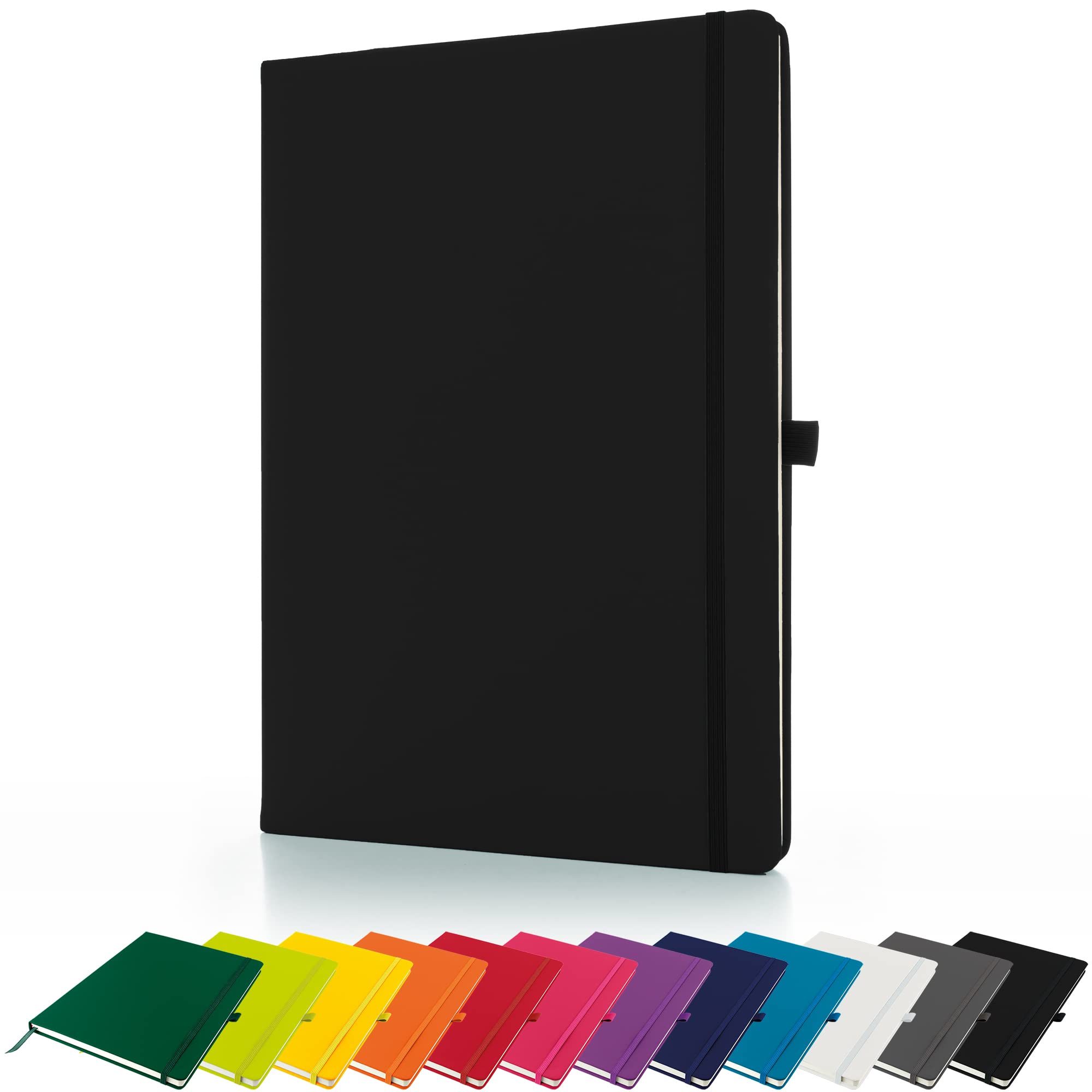 Premium A4 Notebook New Lined Hardback Journal with Pen Loop,196 Page, Elastic Closure and Ribbon Marker Notepad Note Book Notes Pad (Black)