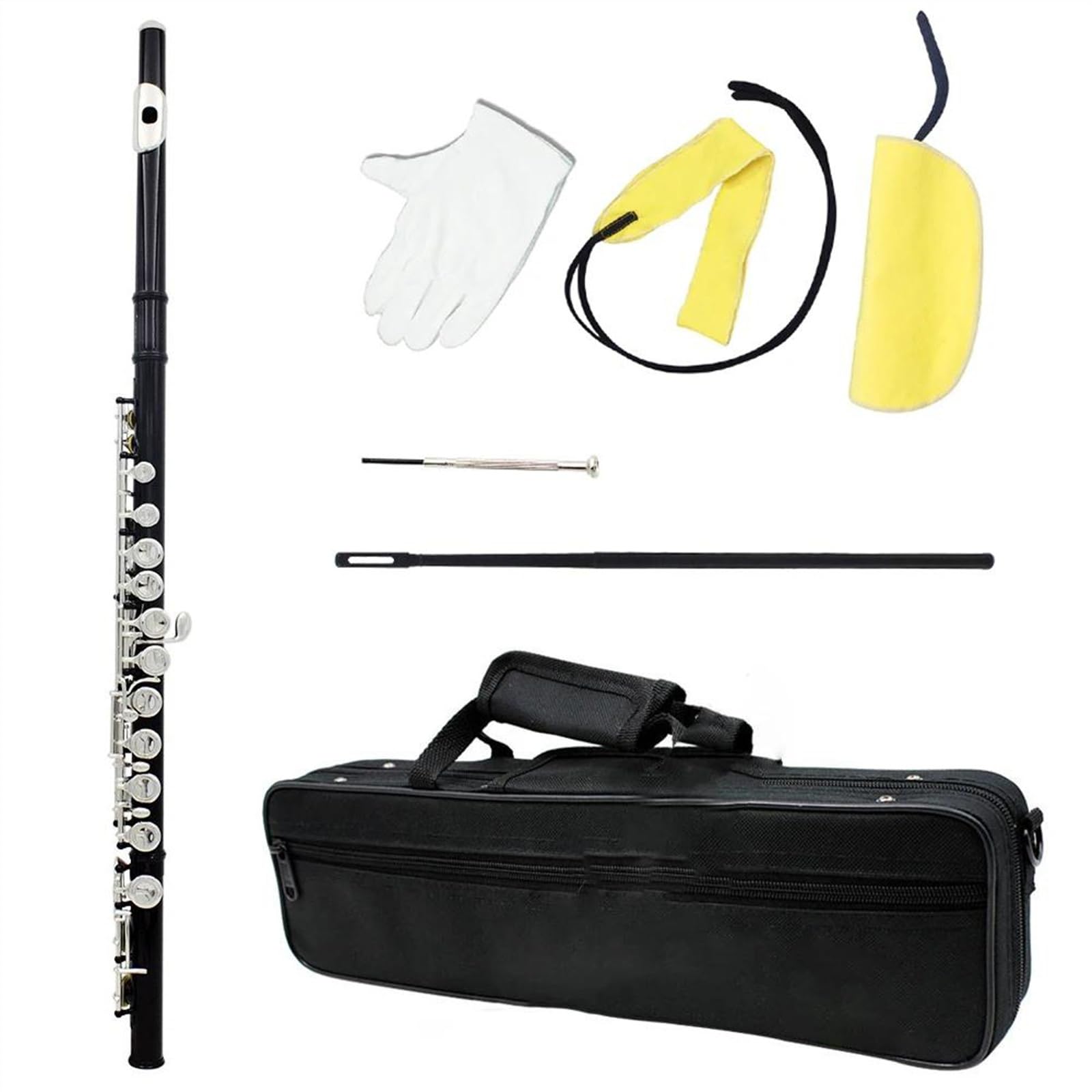 Flauta de concierto chapada en plata y níquel de cobre blanco con llave C, 16 agujeros cerrados, color negro, con caja Flauta Travesera Kit