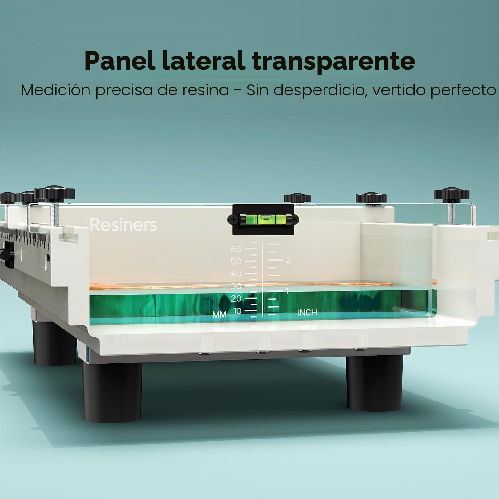 Resiners - Molde de resina epoxi para mesa de río con divisor ajustable, 24 x 12 x 3 pulgadas con nivel de burbuja, sistema de abrazadera de llenado y tabla de profundidad transparente ideal