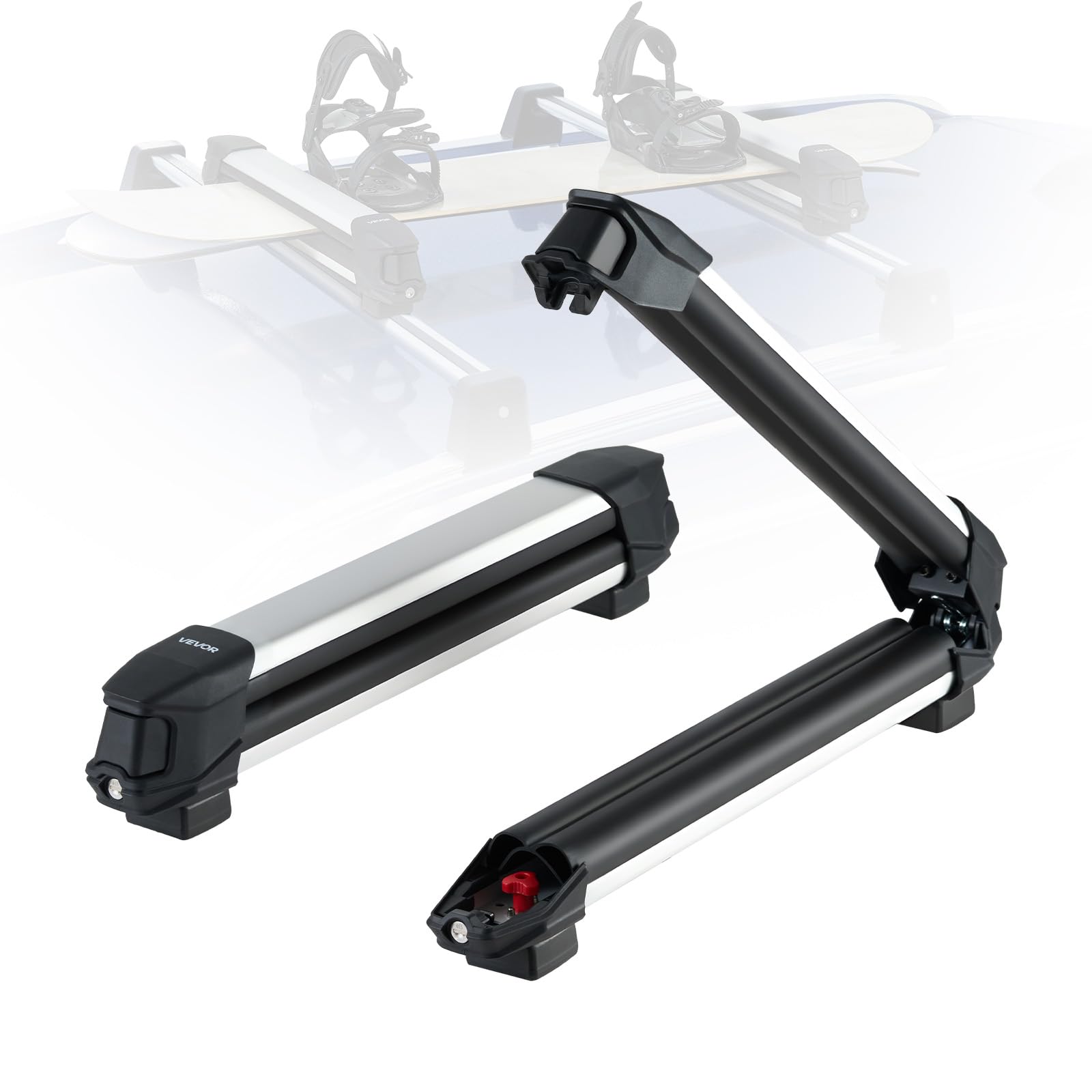 VEVOR Ski & Snowboard Roof Rack, Carry up to 4 Pairs of Skis or 2 Snowboards, 2 PCS Aluminum Universal Car Roof Rack with Lock & Rubber Padding, Carrier for Fishing Rod, Fit Most Slotted Crossbars