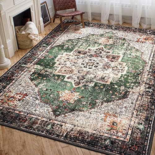 YesRug Area Rug 5x7 for Living Room Green Boho Non-Slip Washable Rug Persian Vintage Low Pile Large Rug for Bedroom Dining Room
