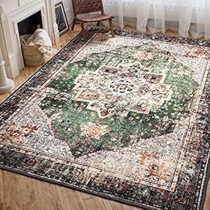 YesRug Area Rug 5×7 for Living Room Green Boho Non-Slip Washable Rug Vintage Low Pile Large Rug for Bedroom Dining Room