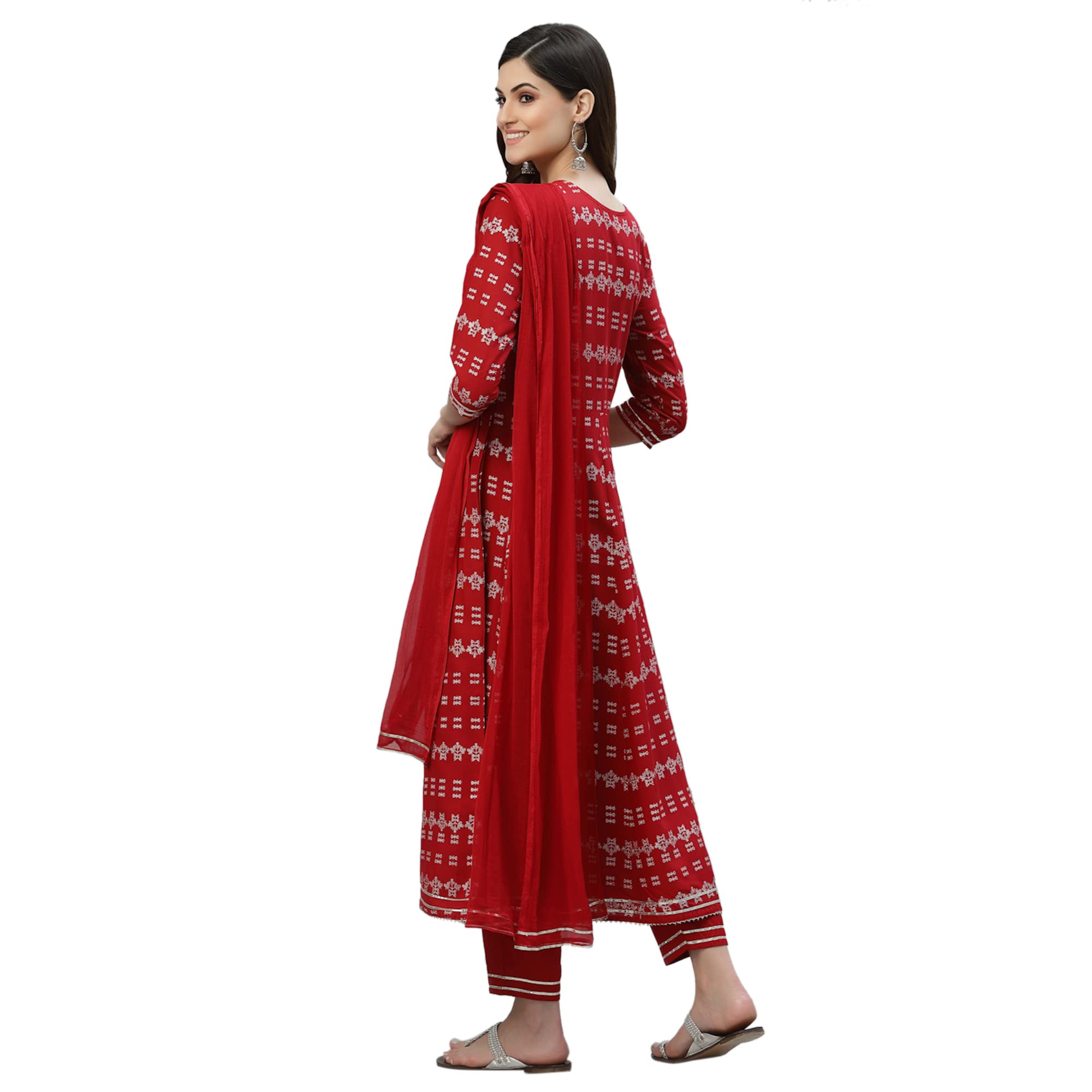 Stylum Women's Printed & Embroidered Rayon Anarkali Kurta Pant Dupatta Set (Kpdredchamki36_Red, S)