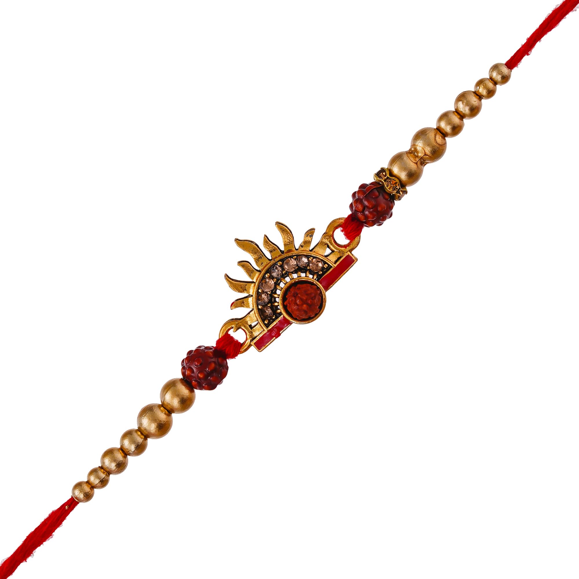 Designer Surya Dev Rakhi – Elegant Sun Motif Rakhi with Rudraksha & Gold-Tone Beads for Bhai-image-20