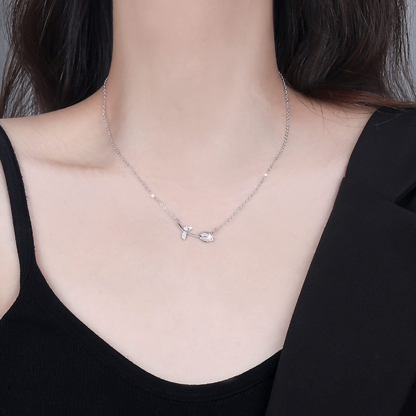 Collar De Tulipanes Morados CRMAD Plata De Ley Con Piedra Lunar/Cristal/Cruz Flores Tulipanes Joyería Regalos Para El Día De La Madre, Plata Esterlina, No Es Una Piedra Preciosa