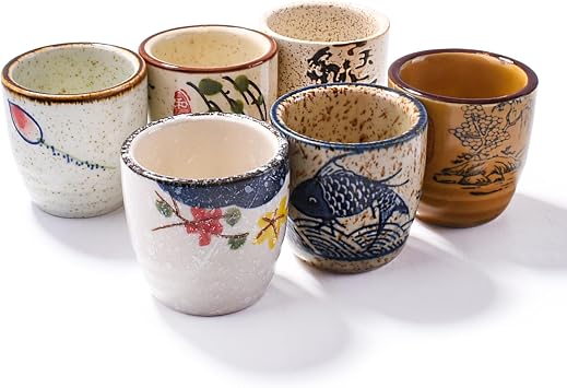 Japanese Style Ceramic Sake Cups Set of 6, Hand-Painted Ceramic Sake Glasses for Saki, Tea, Dessert, Microwave & Dishwasher Safe Small Drinking Cups for Home Kitchen Bar Tableware