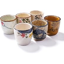 Japanese Style Ceramic Sake Cups Set of 6, Hand-Painted Ceramic Sake Glasses for Saki, Tea, Dessert, Microwave & Dishwasher Safe Small Drinking Cups for Home Kitchen Bar Tableware