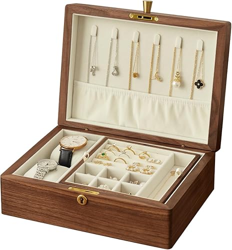 Miniatura 9 de Joyero de madera de nogal negro sólido con forro de terciopelo, caja personalizada para anillos y collares para mujeres y niñas, cerradura y asa de