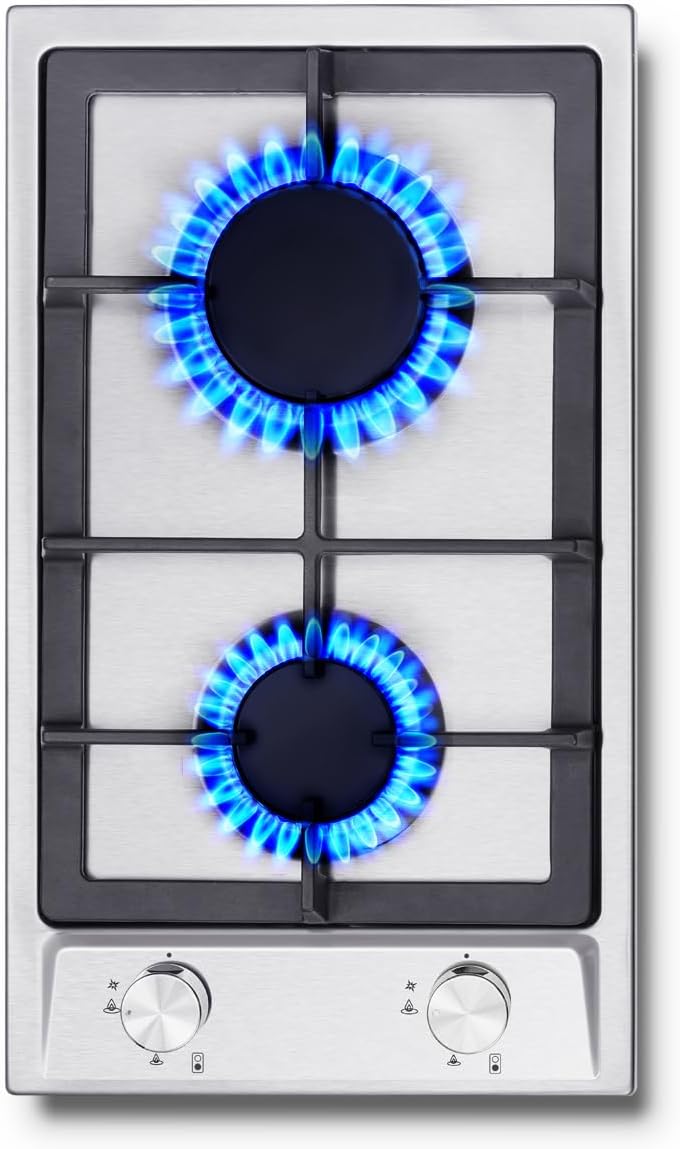 SNDOAS Gas Hob 2 Burners, 30cm Stainless Steel Cooktop with 2 Burners, 4200W, Built-in Gas Cooker NG/LPG Convertible, Silver Metallic Finish and Automatic Ignition, Flame Failure Protection