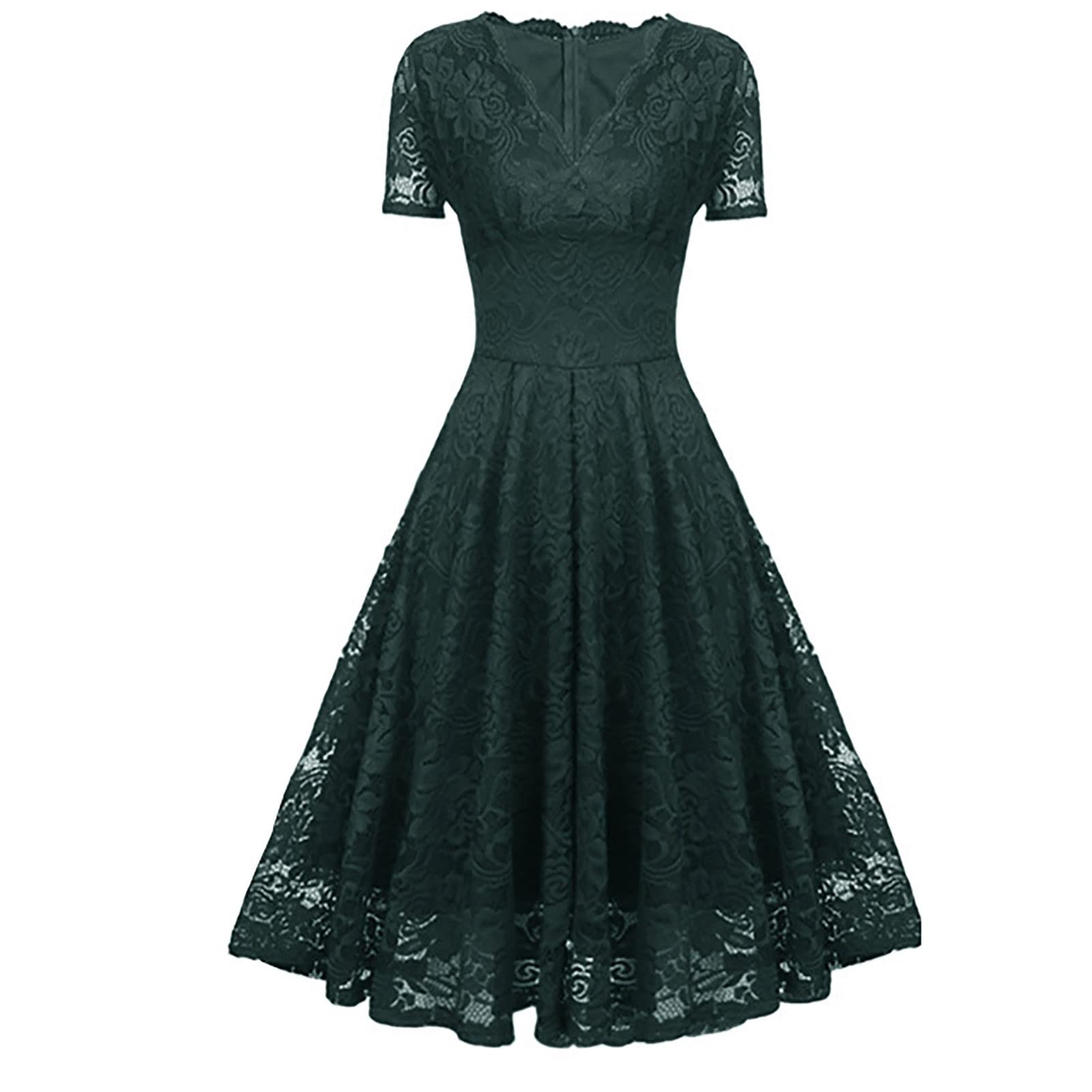 Abendkleider Elegant Für Hochzeit Damen Knielang Vokuhila Kleid Frauen Mit Ärmeln V Ausschnitt Cocktailkleid A Linie Spitze Ballkleid Festlich Abendkleid Bordeaux Partykleid Sommerkleid