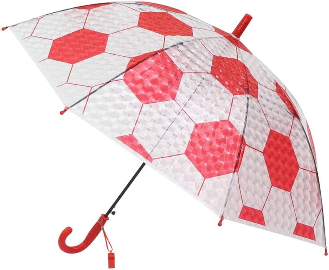 ThreeHChildren's Umbrella 3D PVC Soccer Design Arched Automatic Transparent Dome Bubble Umbrella 8 Ribs for Girls,Red