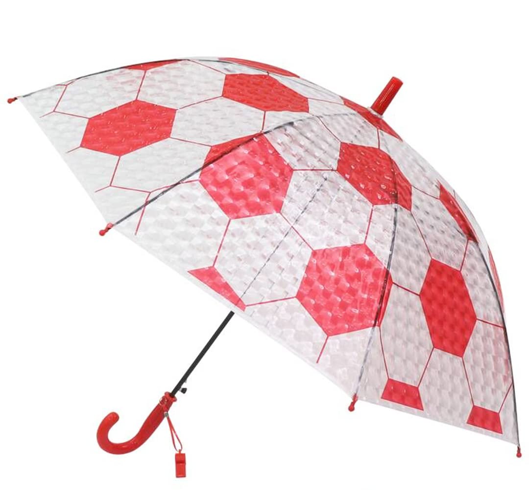 ThreeHChildren's Umbrella 3D PVC Soccer Design Arched Automatic Transparent Dome Bubble Umbrella 8 Ribs for Girls,Red