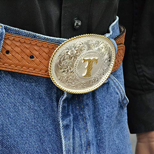 Image of Montana Silversmiths Initial Engraved Gold Trim Western Belt Buckle