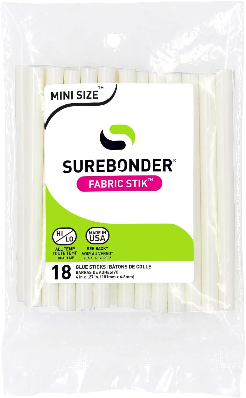 Surebonder White Mini Size Fabric Hot Glue Sticks, 4-Inch Length - Machine Washable, Works with Fabric, Leather, Ribbon, Foam, 18 Pack, White