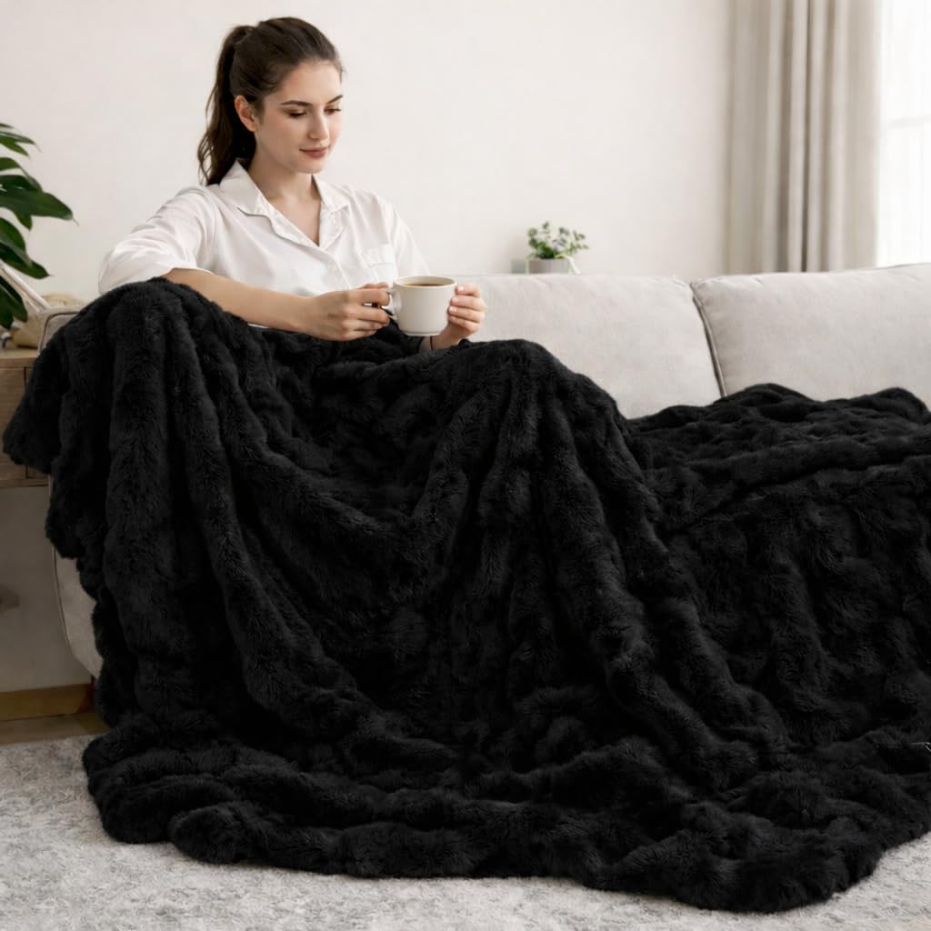 Ghouse Black Twin Blanket, Soft Fluffy Twin Blanket for Couch Bed 60"x80"