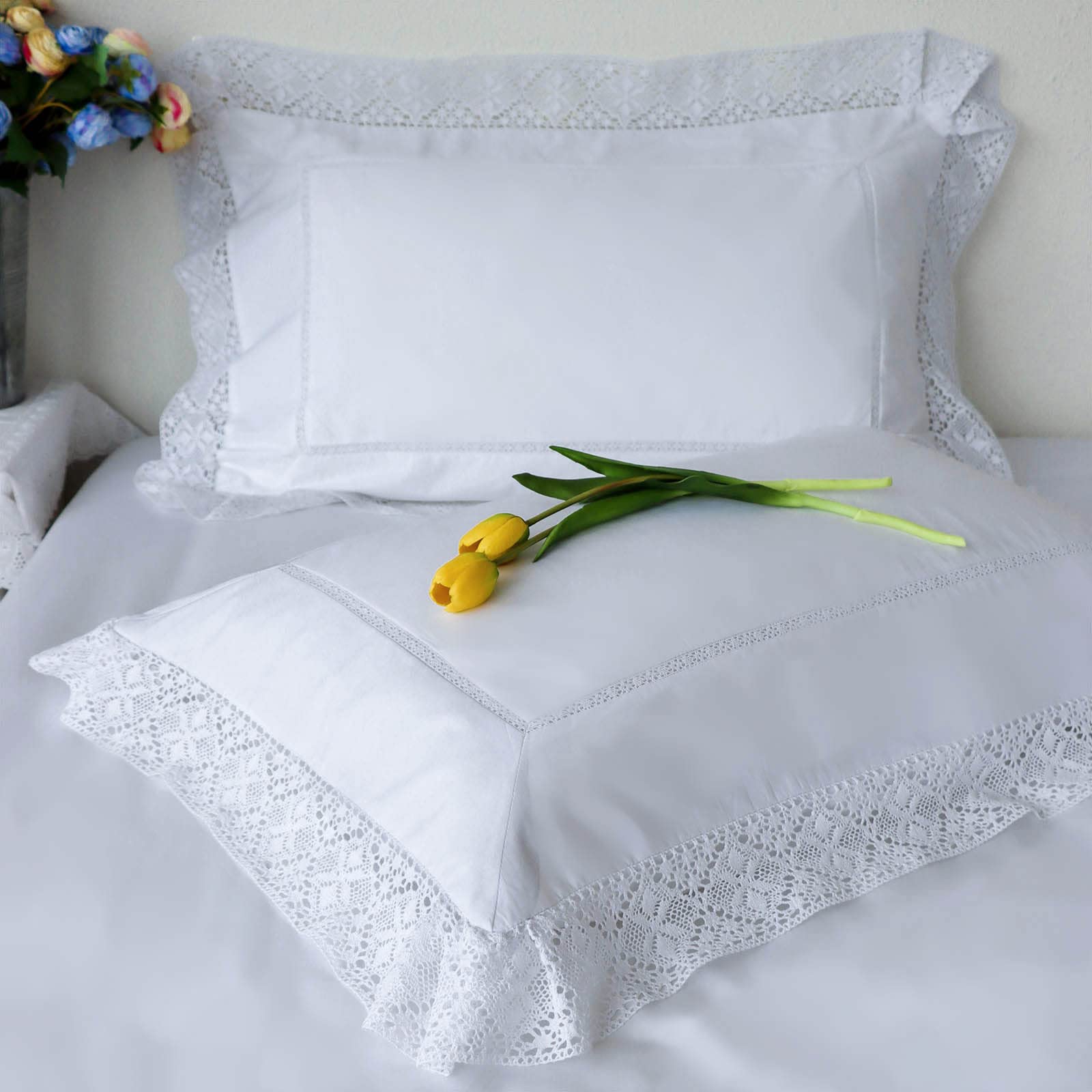Vctops Set Di 2 Federe Cuscini King Size - Ricamo Floreale In Rilievo, 100% Cotone, Crema 50x91 Cm - 2