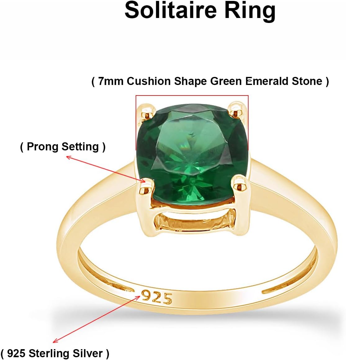AFFY Solitaire Ring for Women 7MM Cushion Cut Simulated Green Emerald Anniversary Ring in 14K Gold Plated 925 Sterling Silver 2Ct Birthstone Jewelry Gift for Her - Image 2