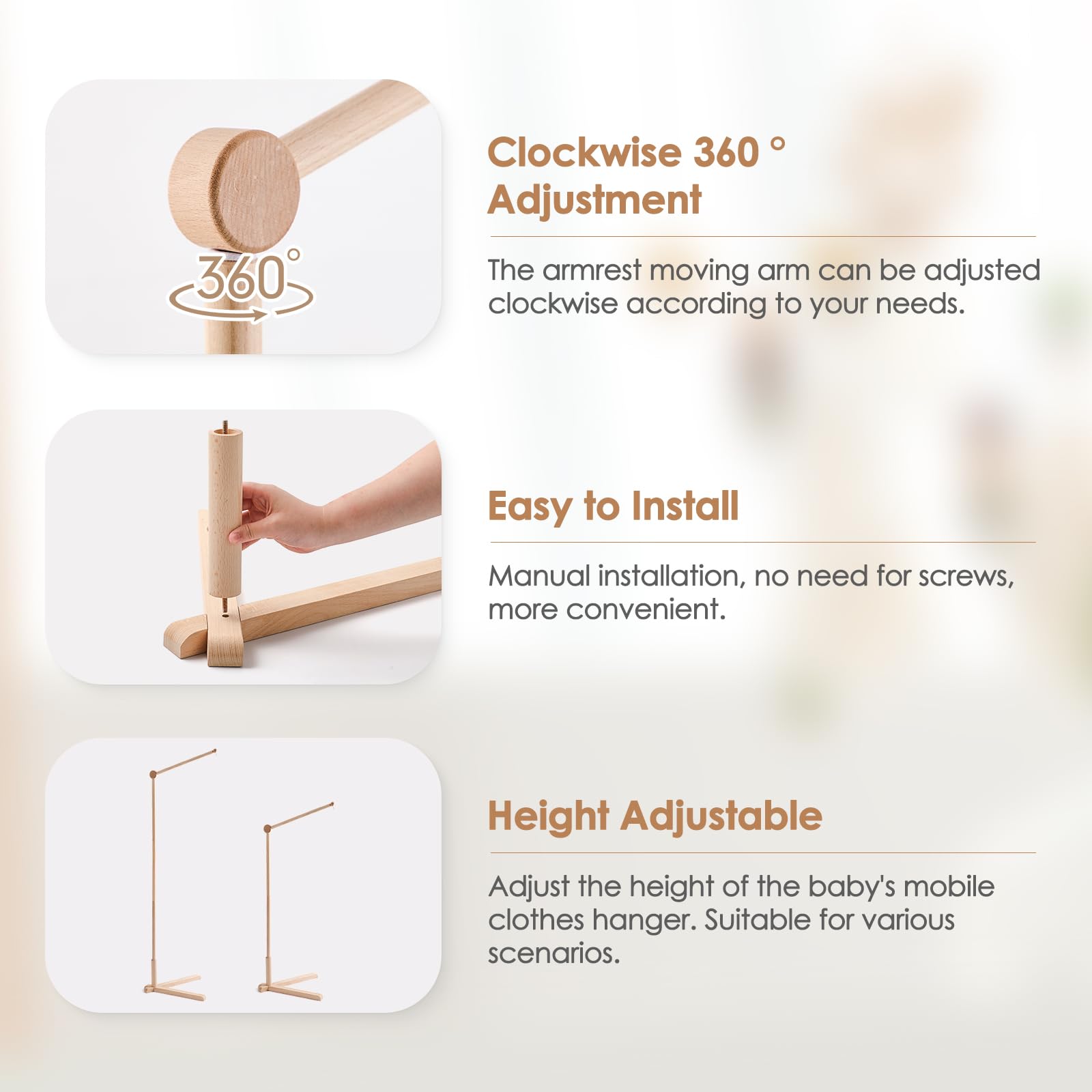 Promise Babe Wooden Baby Mobile Holder Changing Table Baby Music Box Mobile for Bed Playpen DIY Rotatable Fixed Base - Image 4