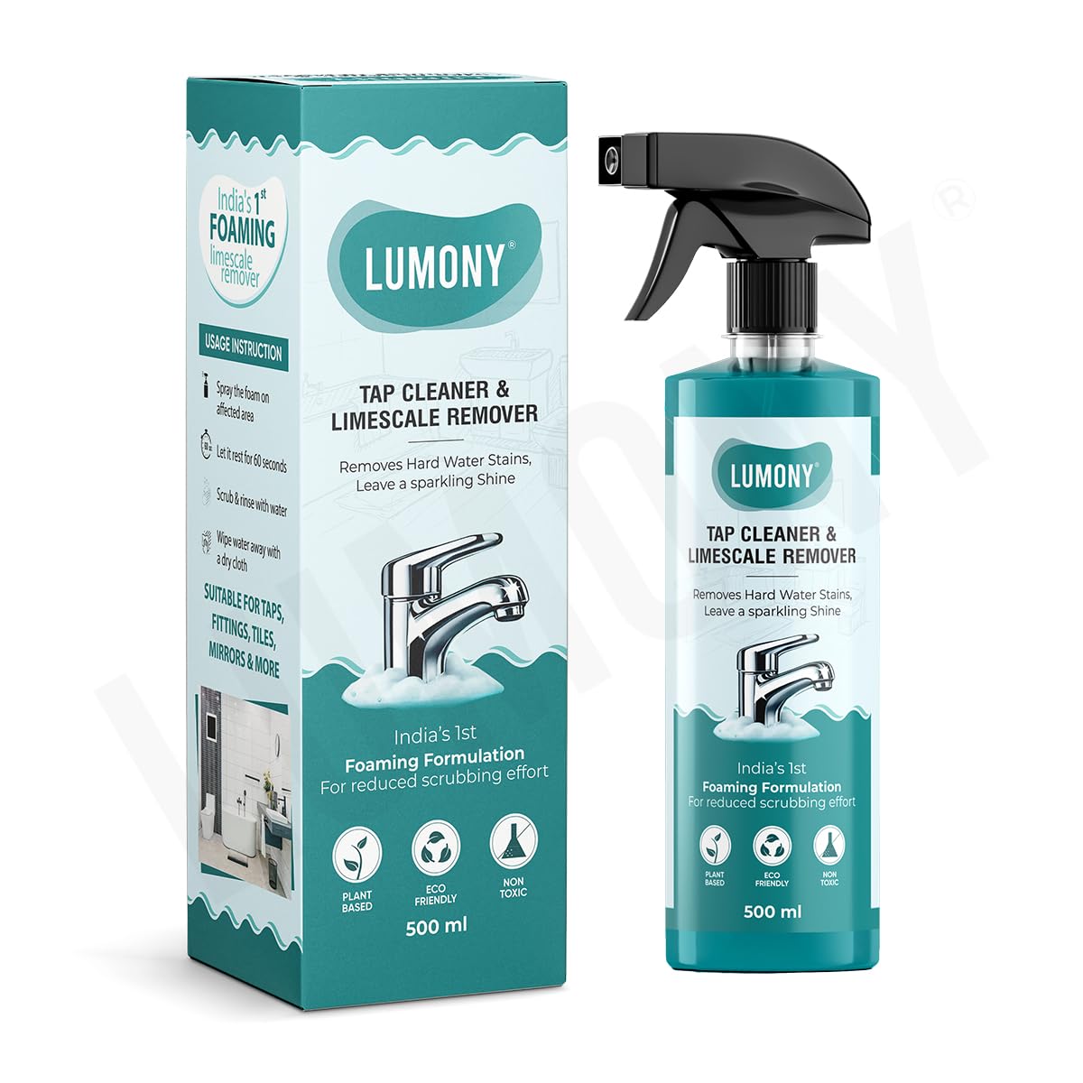LUMONY® Tap Cleaner and Limescale Remover | 500ml | India’s 1st Foaming Formulation for Reduced Scrubbing Effort | Non-Toxic | All Purpose Cleaner Suitable for Tap, Bathroom, Tiles,Shower, Mirror