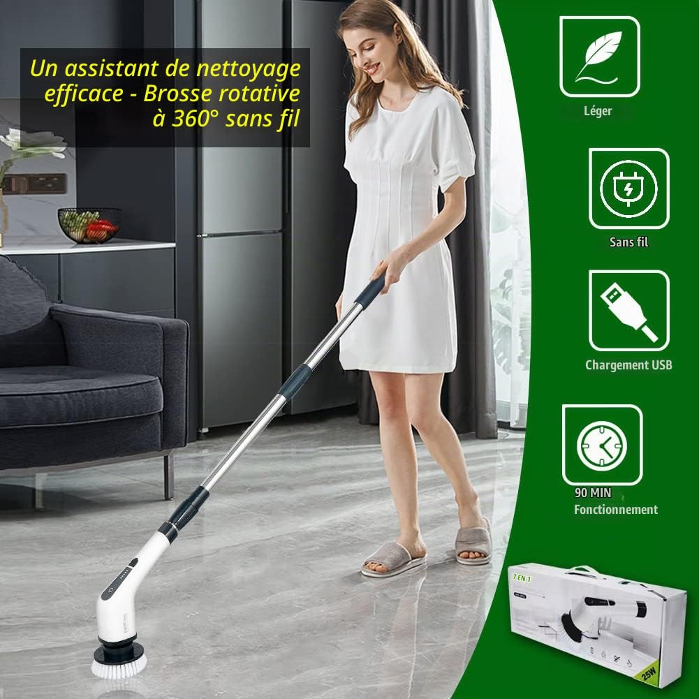 Brosse de Nettoyage électrique sans Fil avec 7 têtes de Brosse remplaçables, FARI Baignoire et carrelage Vadrouille à récurer électrique avec poignée réglable pour Salle de Bain, Cuisine (Blanc)