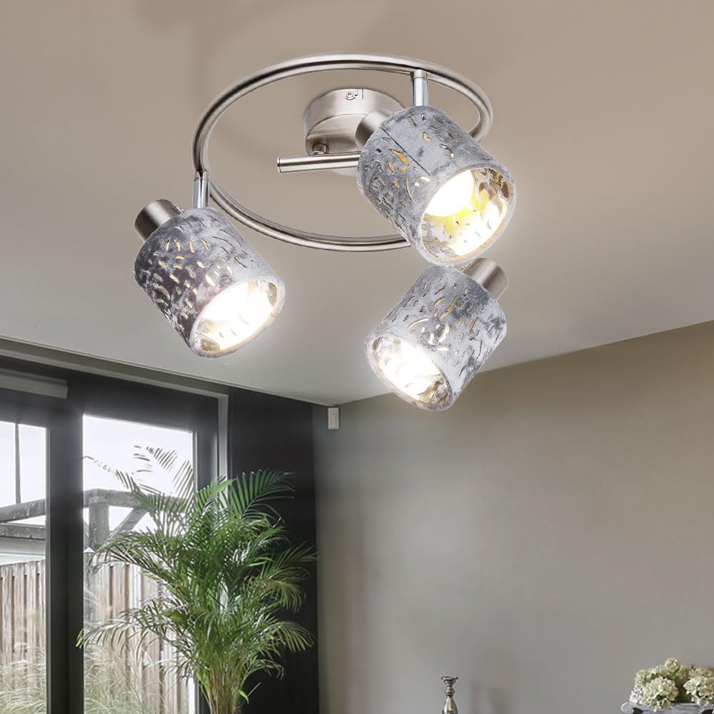 Deckenleuchte 3 Flammig Spotleuchte schwenkbar Deckenlampe Samt, Metall silber, 3x E14 Fassungen, DxH 25x15 cm