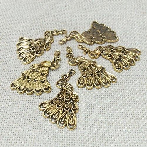15 PCS Alloy Charms Antique Tibetan Peacock Beads Necklace Pendant Spacers Dangle Clasps Earrings Bracelet Jewelry Making Accessories Bijoux Crafting (Antique Gold 41x25mm)