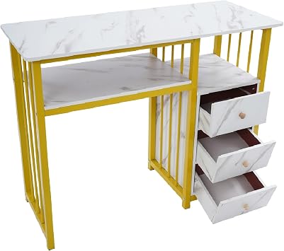 Manicure Table with Storage Drawers, 40" Marbling Texture Nail Desk with Steel Frame, 66lbs Load Capacity, Gold & White Nail Tech Table Station, Makeup Station Beauty Salon Equipment