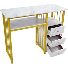 Manicure Table with Storage Drawers, 40" Marbling Texture Nail Desk with Steel Frame, 66lbs Load Capacity, Gold & White Nail Tech Table Station, Makeup Station Beauty Salon Equipment